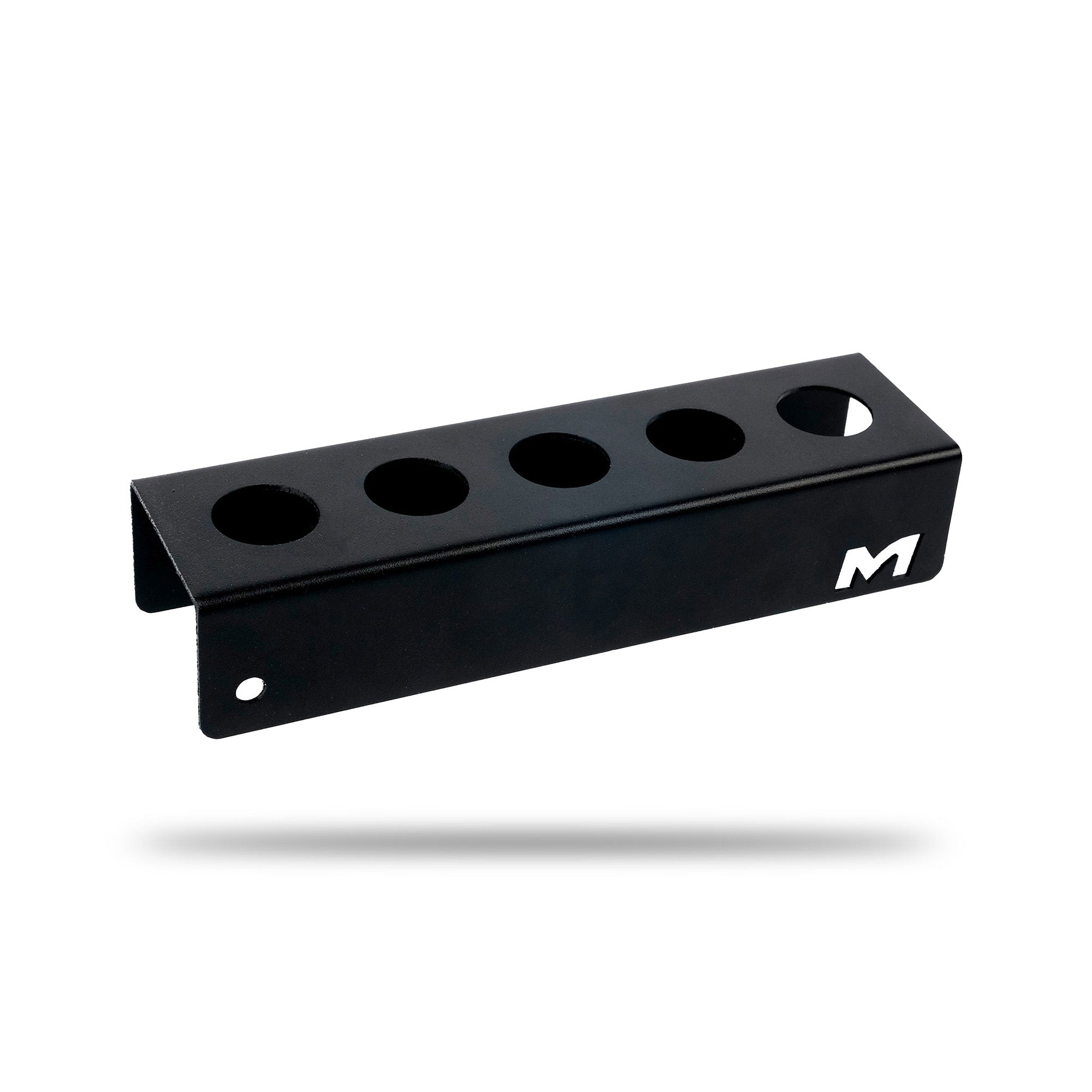 A black metal detailing brush wall mount with multiple circular cutouts and a prominent, shown floating against a plain white background with a soft shadow underneath. H06D Car Detailing Brush Holder