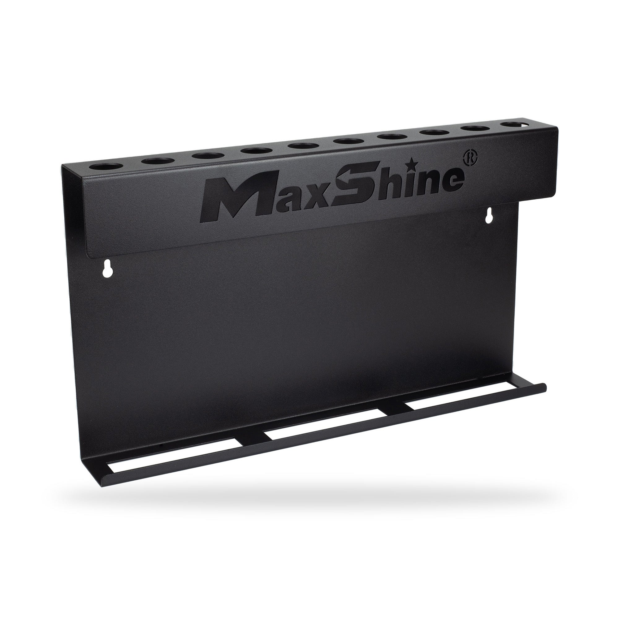 A black metal wall-mounted rack with multiple circular cutouts along the top and the MaxShine logo printed on the front, shown on a clean white background. H06 Wall Mount Tool Holder