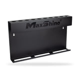 A black metal wall-mounted rack with multiple circular cutouts along the top and the MaxShine logo printed on the front, shown on a clean white background. H06 Wall Mount Tool Holder