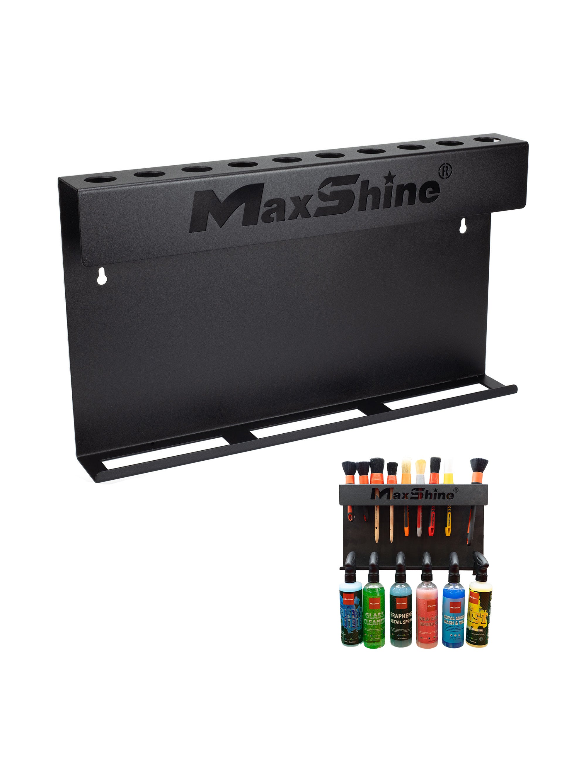 MaxShine black metal tool organizer rack shown with several applicator bottles and brushes arranged below it on a plain white background. H06 Wall Mount Tool Holder