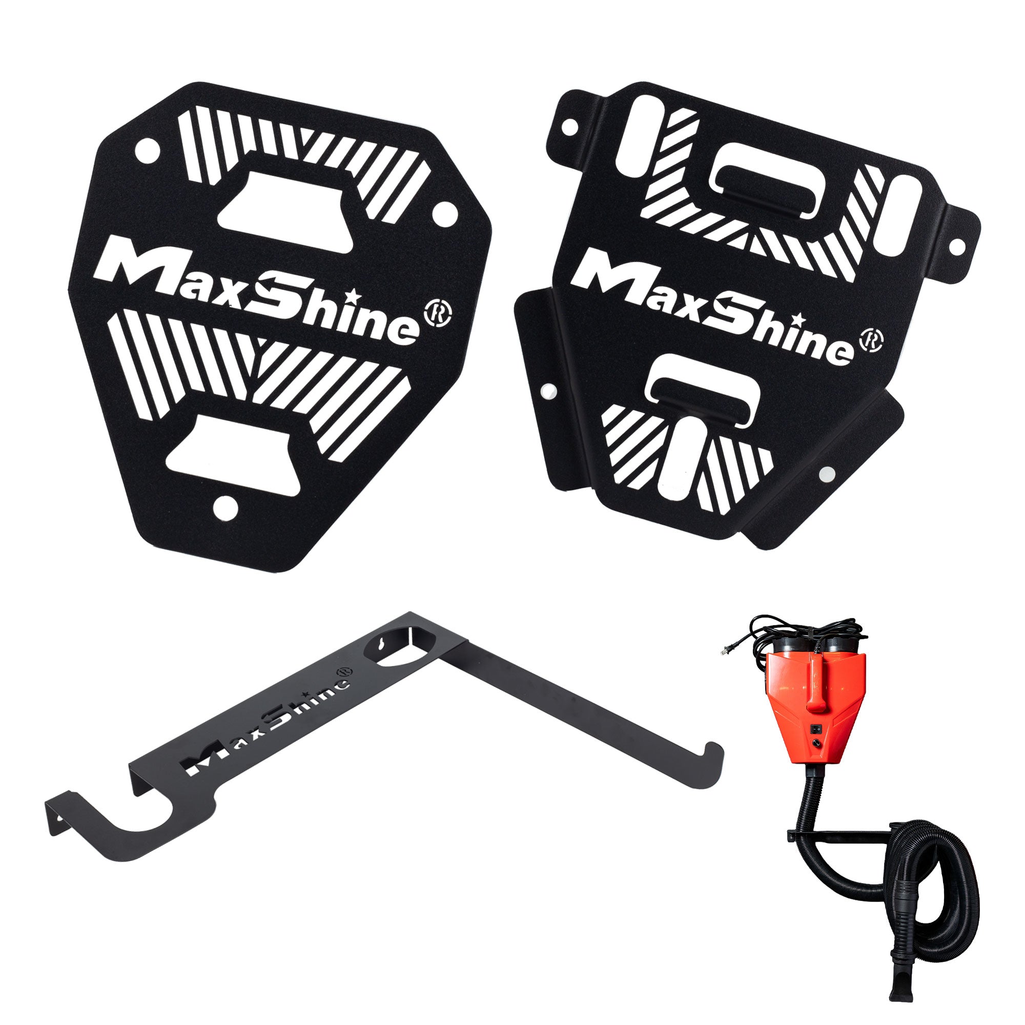 Two black MaxShine metal mounting plates, shown alongside a black mounting bracket for hose storage and a red car dryer on a plain white background. H16 H17 Touchless Car Dryer Wall Mounts