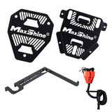 Two black MaxShine metal mounting plates, shown alongside a black mounting bracket for hose storage and a red car dryer on a plain white background. H16 H17 Touchless Car Dryer Wall Mounts