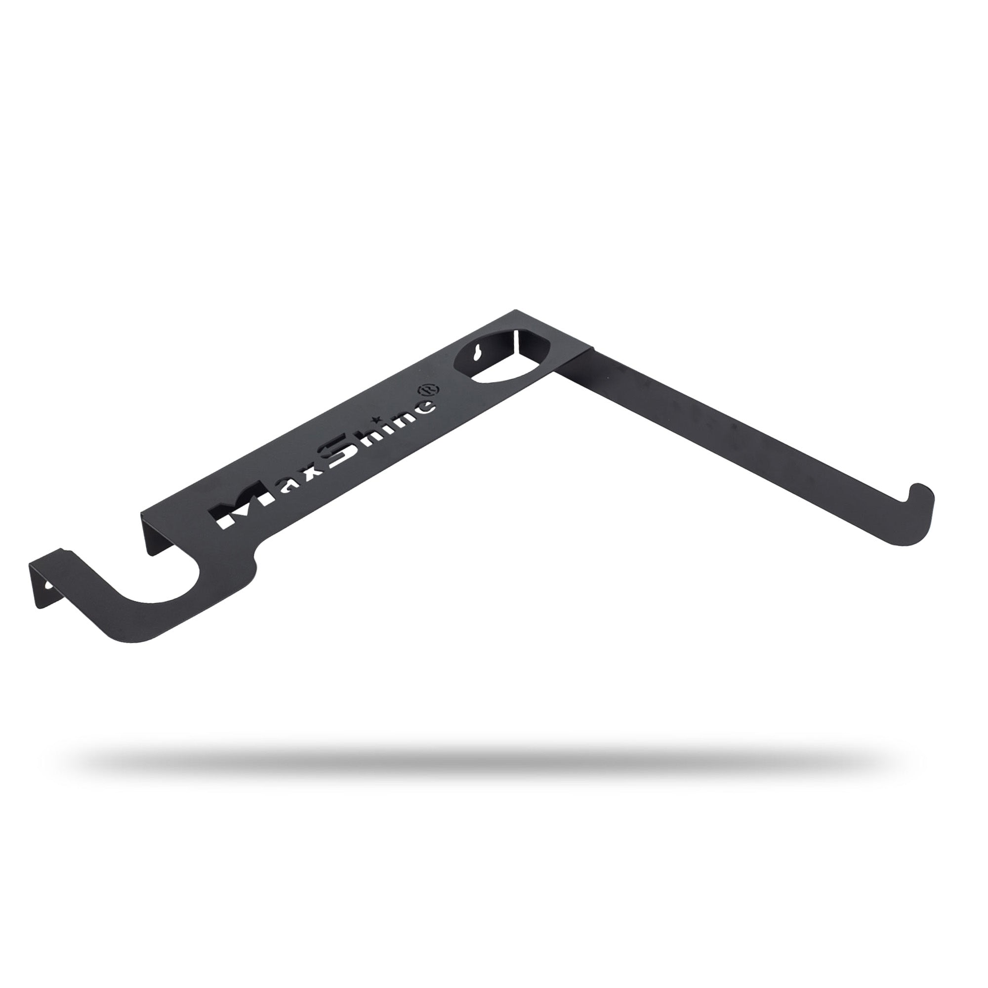 A black metal mounting bracket for car dryer hose storage shown floating against a white background with a soft drop shadow. H16 H17 Touchless Car Dryer Wall Mounts