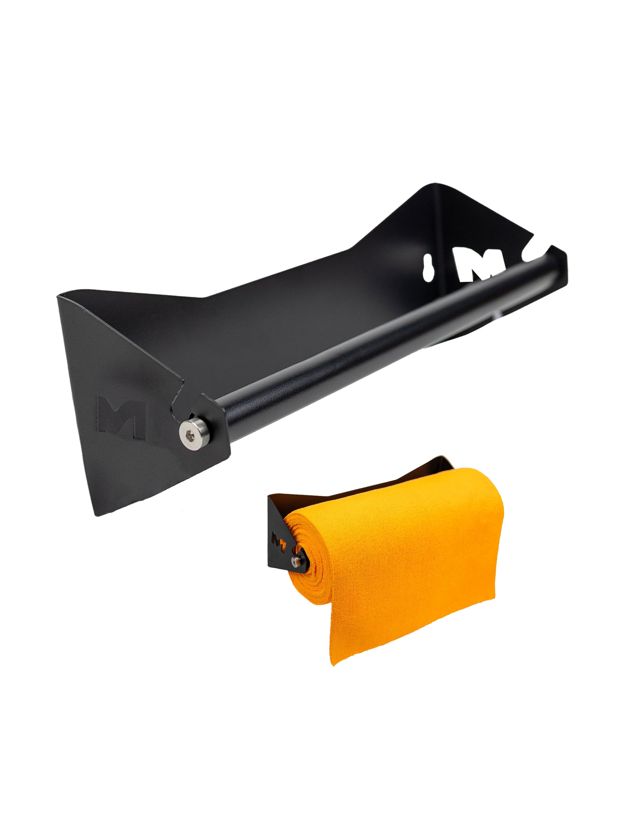 A black metal wall-mounted towel roll rack shown on a white background, with a bright orange towel roll H19 Towel Holder Wall Mount Microfiber Towel Roll Towel Rack