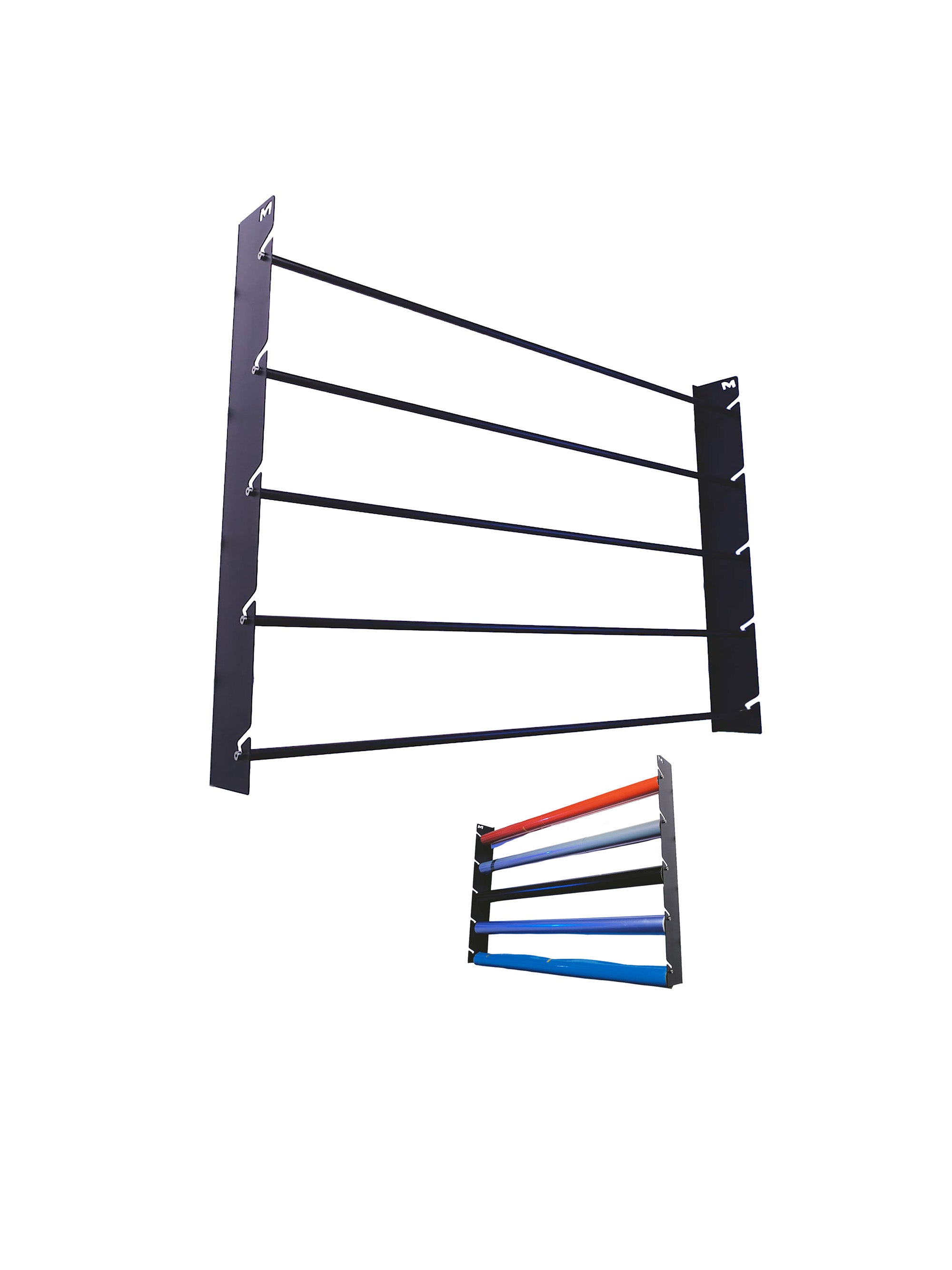 A wall-mounted PPF & Vinyl Holder with black metal posts and five horizontal poles, shown against a plain white background. A smaller inset at the bottom shows the holder from the front filled with rolls of red, black, blue, and white. H20 Wall Mounted Film Hanger - PPF and Vinyl 5 Roll Holder