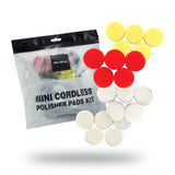A mini cordless polisher pads kit shown with its clear plastic packaging bag and multiple circular pads in yellow, red, and white arranged on a white background. M0312 V2-PK Mini Cordless Polishing Pads Kit