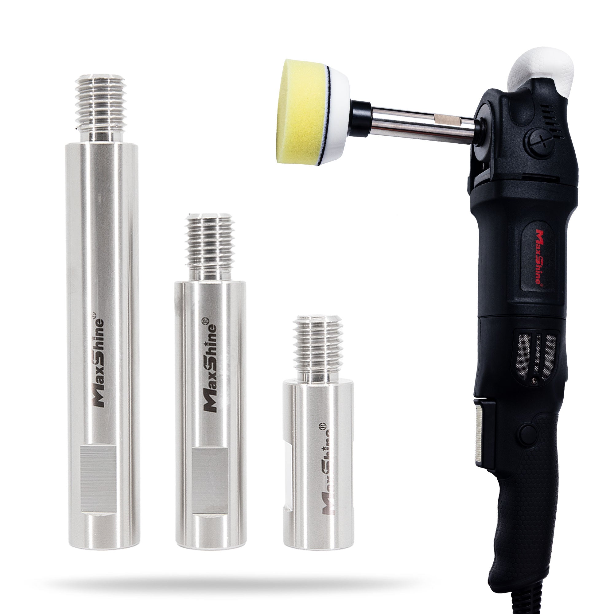 A black rotary polisher shown with 3 silver metal extension shafts  all on a clean white background. 7015812 Shaft Extension Set for Rotary Polishers